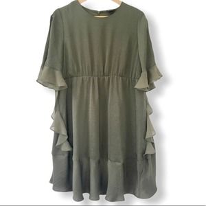WHO WHAT WEAR Cold Shoulder Flutter Sleeve Ruffle Dress Olive Green Size Medium